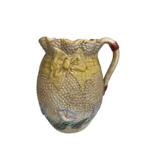 Antique Majolica Pitcher Pottery Wildflower Yellow Bow 7.5 Inch